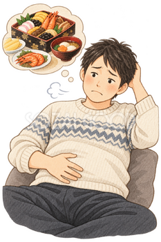食べ過ぎを振り返る男性の水彩イラスト｜正月太りの無料素材 106442