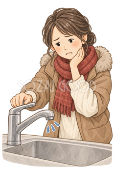 水が出ず困る女性の水彩イラスト｜水道凍結の無料素材 106443