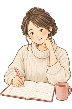 生活の記録を書く女性の水彩イラスト｜正月太りの無料素材 106446