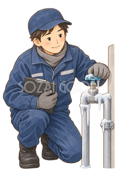 水道管を点検する作業員の水彩イラスト｜水道凍結の無料素材 106447