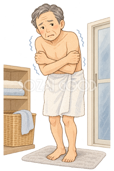 寒い脱衣所の高齢男性の水彩イラスト｜ヒートショックの無料素材 106453