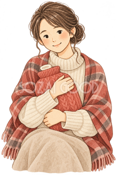 湯たんぽを抱く女性の水彩イラスト｜温活の無料素材 106457