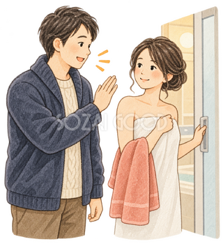 入浴前に声をかける夫婦の水彩イラスト｜ヒートショックの無料素材 106458