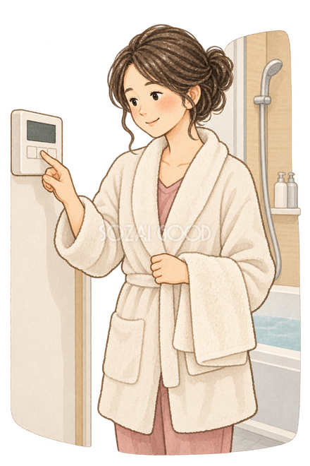 浴室の温度を確認する女性 浴室の温度を確認する女性