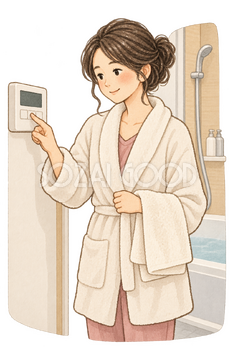 浴室の温度を確認する女性の水彩イラスト｜ヒートショックの無料素材 106460