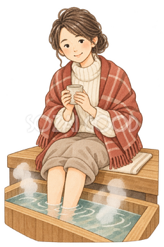 足湯をする女性の水彩イラスト｜温活の無料素材 106461