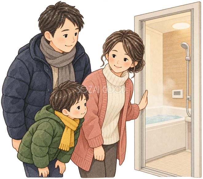 浴室を確認する家族 浴室を確認する家族