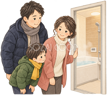 浴室を確認する家族の水彩イラスト｜ヒートショックの無料素材 106463