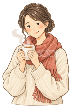 温かい飲み物を持つ女性の水彩イラスト｜温活の無料素材 106464