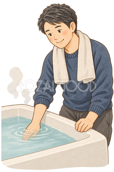 浴槽の湯温を確認する男性の水彩イラスト｜ヒートショックの無料素材 106465