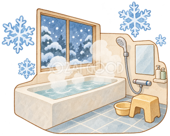 冬の浴室と雪の結晶の水彩イラスト｜ヒートショックの無料素材 106467