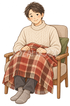 膝掛けを使う男性の水彩イラスト｜温活の無料素材 106468