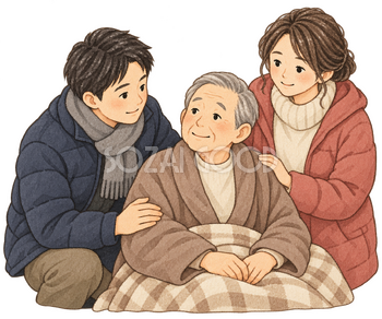 見守る家族と高齢男性の水彩イラスト｜ヒートショックの無料素材 106470