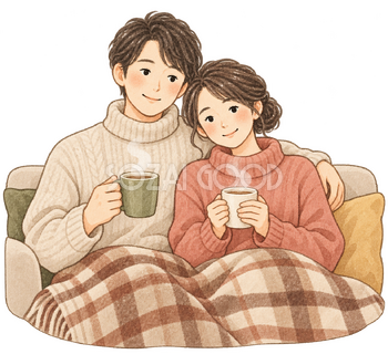 冬の部屋でくつろぐ夫婦の水彩イラスト｜温活の無料素材 106475
