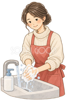 石けんで手を洗う女性の水彩イラスト｜ノロウイルスの無料素材 106484