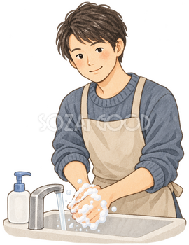 石けんで手を洗う男性の水彩イラスト｜ノロウイルスの無料素材 106486