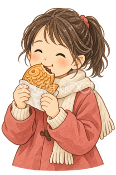 たい焼きを食べる子どもの水彩イラスト｜たい焼きの無料素材 106487