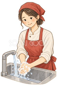 調理前に手を洗う店員の水彩イラスト｜ノロウイルスの無料素材 106488