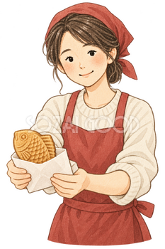 たい焼きを渡す店員の水彩イラスト｜たい焼きの無料素材 106491