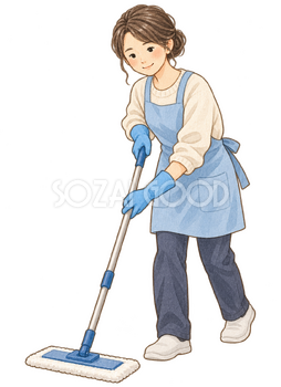 床を清掃する職員の水彩イラスト｜ノロウイルスの無料素材 106493