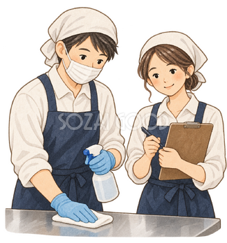 衛生管理を確認する店員二人の水彩イラスト｜ノロウイルスの無料素材 106501