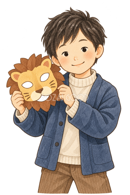 劇のお面を持つ男の子 劇のお面を持つ男の子