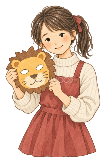 劇のお面を持つ女の子 劇のお面を持つ女の子