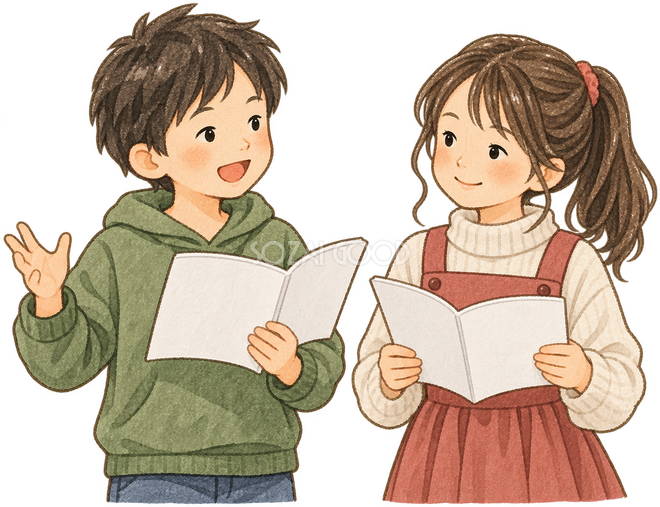 台詞を練習する子ども二人 台詞を練習する子ども二人