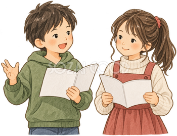 台詞を練習する子ども二人の水彩イラスト｜学芸会の無料素材 106506