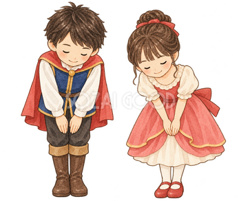 舞台でお辞儀する子ども二人の水彩イラスト｜学芸会の無料素材 106507