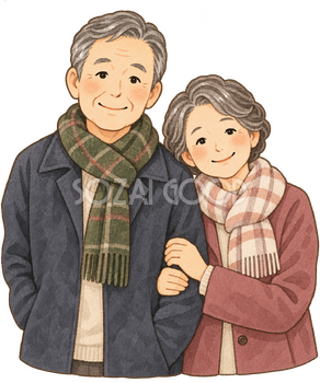 笑顔で並ぶ高齢夫婦の水彩イラスト｜いい夫婦の日の無料素材 106517