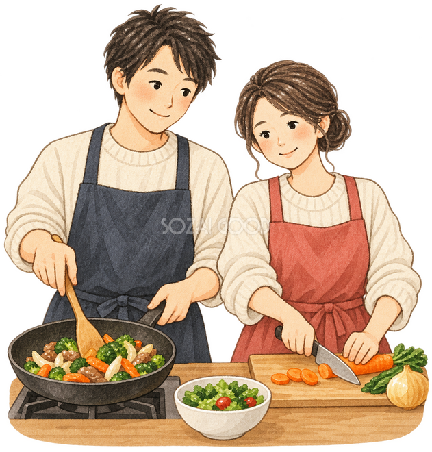 料理をする夫婦 料理をする夫婦