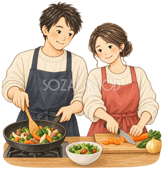 料理をする夫婦の水彩イラスト｜いい夫婦の日の無料素材 106519