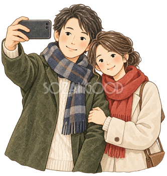 写真を撮る夫婦の水彩イラスト｜いい夫婦の日の無料素材 106523
