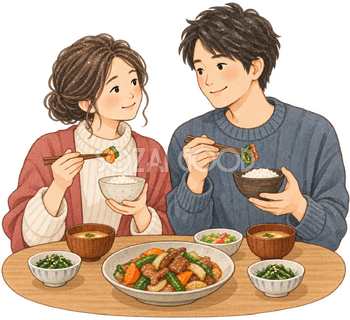 食事をする夫婦の水彩イラスト｜いい夫婦の日の無料素材 106525