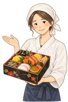 おせちを紹介する料理人の水彩イラスト｜おせち予約の無料素材 106532