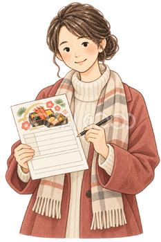 予約用紙を持つ女性の水彩イラスト｜おせち予約の無料素材 106535