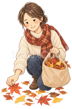 落ち葉を集める女の子の水彩イラスト｜落ち葉遊びの無料素材 106536