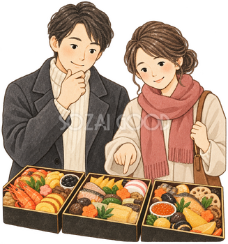 おせちを選ぶ夫婦の水彩イラスト｜おせち予約の無料素材 106537