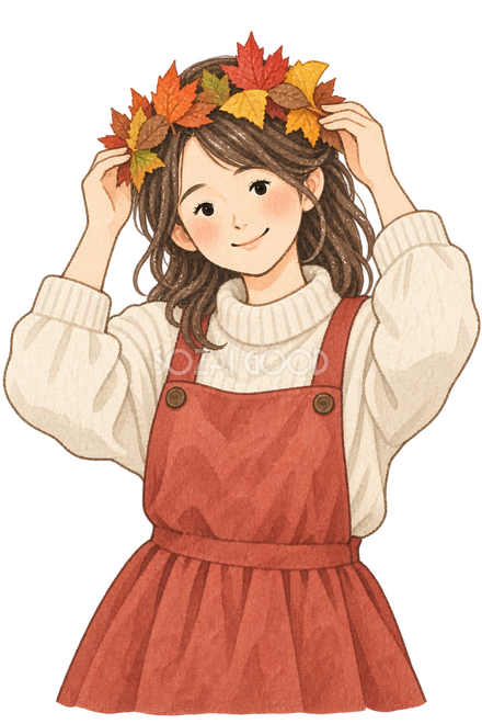 落ち葉の冠をかぶる女の子