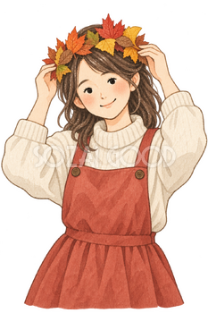 落ち葉の冠をかぶる女の子の水彩イラスト｜落ち葉遊びの無料素材 106540