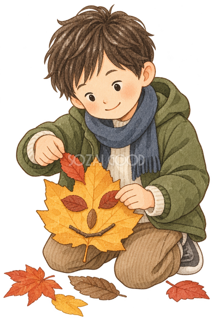 葉っぱの顔を作る男の子