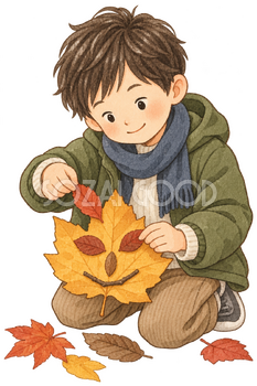 葉っぱの顔を作る男の子の水彩イラスト｜落ち葉遊びの無料素材 106542