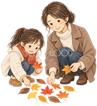 落ち葉を並べる親子の水彩イラスト｜落ち葉遊びの無料素材 106543