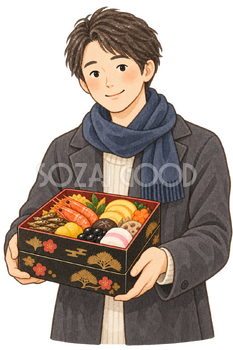 おせちを受け取る男性の水彩イラスト｜おせち予約の無料素材 106544