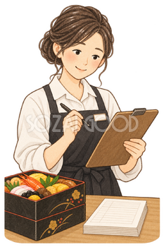 予約日程を確認する店員の水彩イラスト｜おせち予約の無料素材 106548