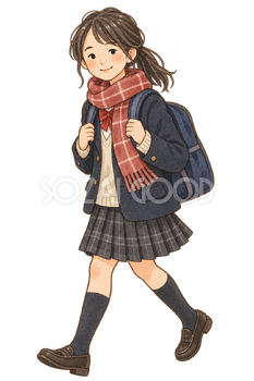 登校する女の子の水彩イラスト｜3学期始業式の無料素材 106557