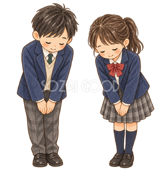 お辞儀する児童二人の水彩イラスト｜3学期始業式の無料素材 106559