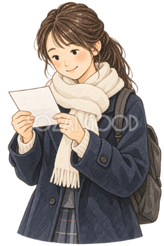 受験票を確認する女子学生の水彩イラスト｜大学入学共通テストの無料素材 106560