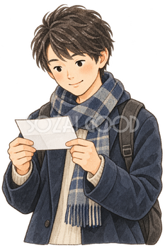 受験票を確認する男子学生の水彩イラスト｜大学入学共通テストの無料素材 106562
